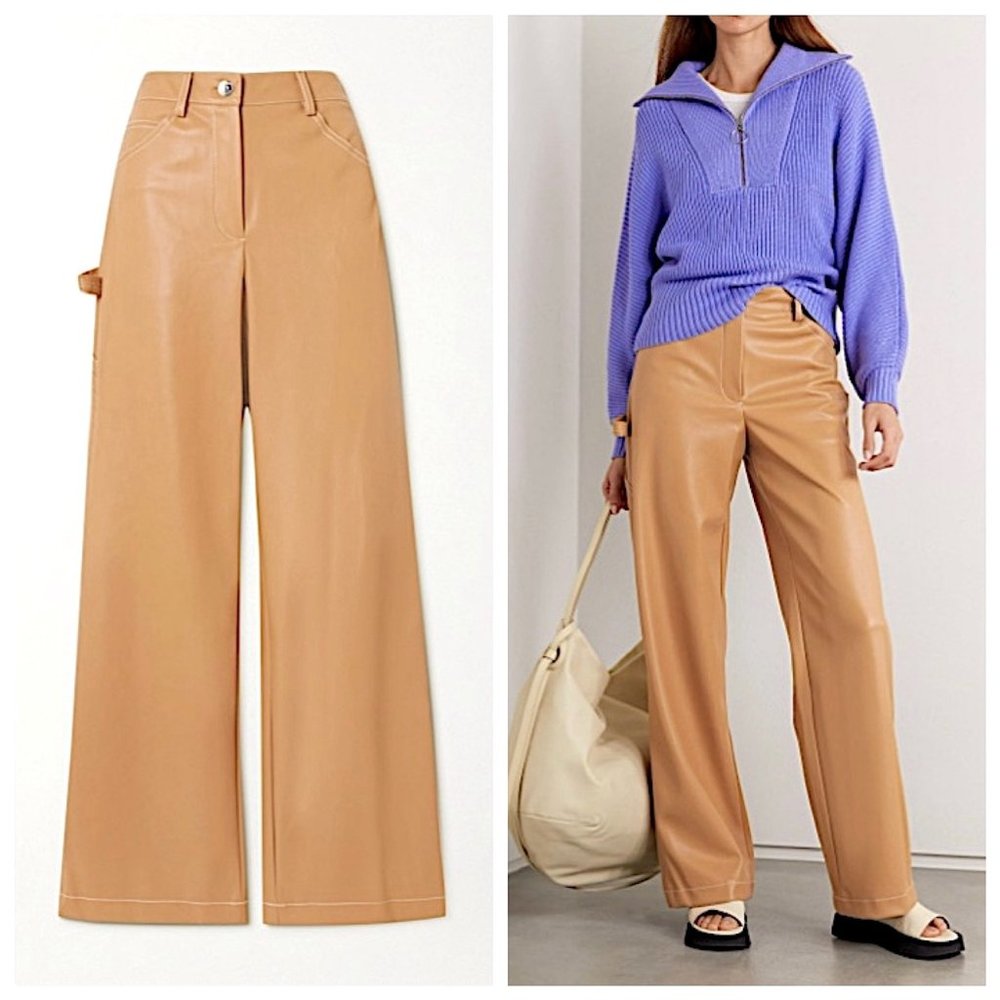 New STAUD Domino Vegan Leather Wide-Leg Pants in Camel Size 4